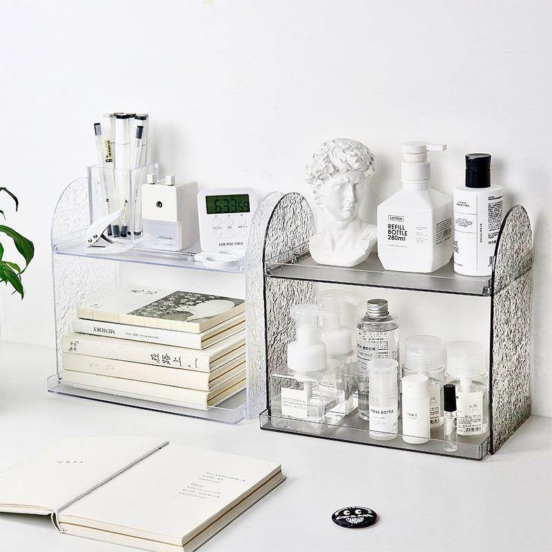 透明双层冰川纹桌面置物架 家用卧室化妆品收纳架 宿舍多功能整理