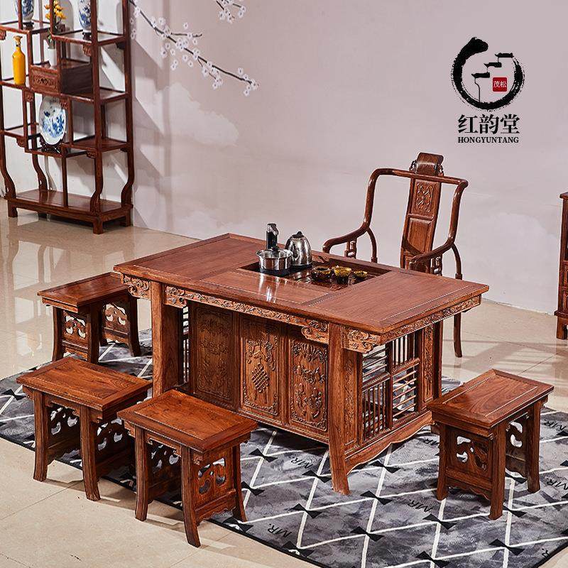 江门新会 茂松红木家具实木茶桌椅组合功夫茶几 刺猬紫檀