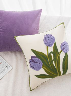北欧风田园卧f室靠枕郁金香黄色紫色靠垫全棉刺绣靠垫沙发布艺软