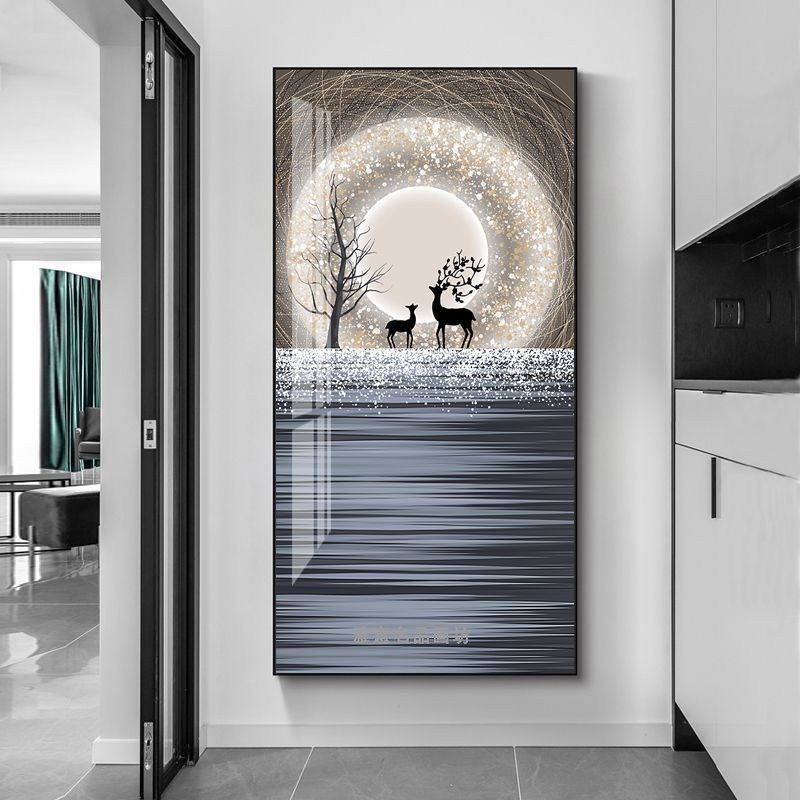 福鹿动物抽象装饰画玄关竖版简约现代过道挂画走R廊晶瓷镶钻墙壁图片