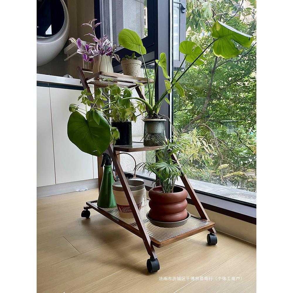 蘑菇小匠阳台可移动花架带轮落地式置物花架可折叠小推车竹制花架