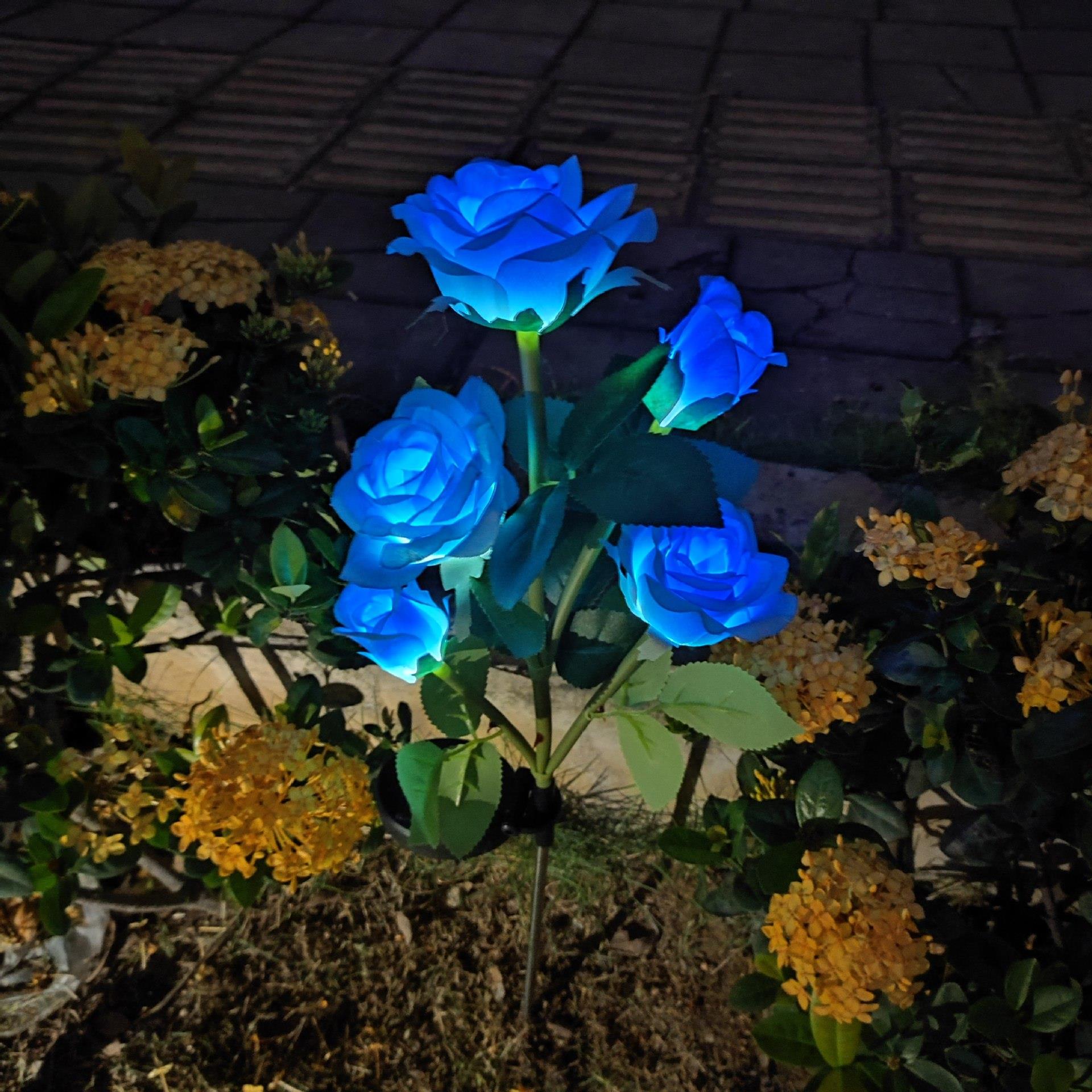 led太阳能仿真5头玫瑰花灯户外防水别墅花园地插灯庭院草坪装饰
