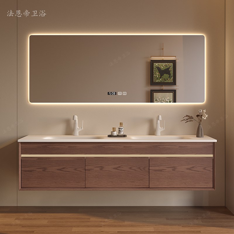 中古风双盆浴室柜洗手台实木红橡木D洗漱洗手盆组合岩板热弯一体