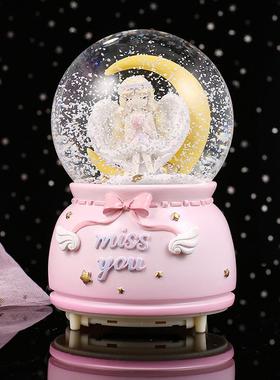 少女梦幻水晶球天使的翅膀音乐盒月亮飘雪雪花转动八音盒树脂摆件