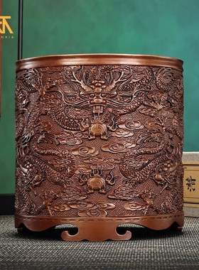 紫铜九龙戏珠笔筒手工工艺品书房文房M收藏办公家居饰品礼品