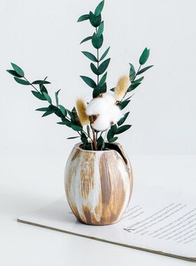 侘寂风复古做旧矮款陶瓷花瓶装饰干花水养客厅中式禅意桌面小摆件