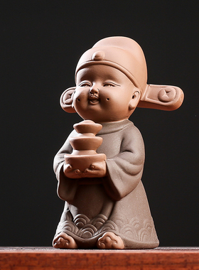 创意紫砂招财手工摆件旺财童子人物家居博古架办公Y室桌面装饰品