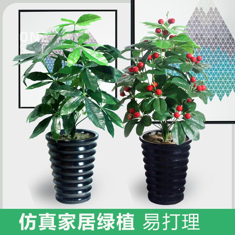 彷真小型盆景室内装饰发财树绿植摆件假草塑料落地花滴Z水观音单