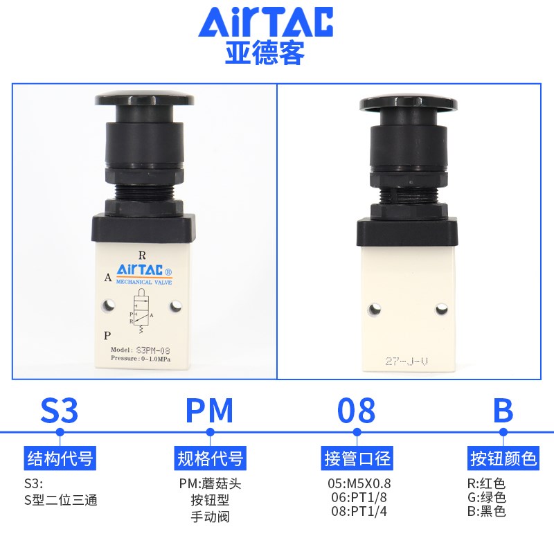 新款机械阀S3PM-M5/06/08R蘑菇头按钮型控制阀手动Z开关阀包邮