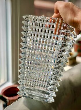 卢索扁方水晶花瓶全手工高档花器装饰轻奢摆件璀璨水养插花瓶花器