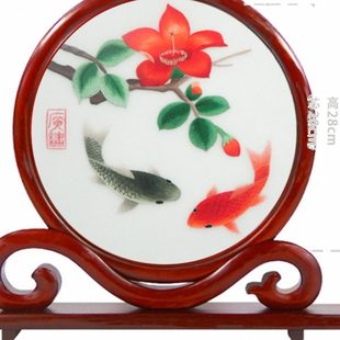 广绣粤绣双面绣摆件刺绣台屏屏风摆台台屏花梨木外框广州手工艺品