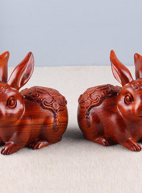花梨木雕兔子摆件实o木家居客厅家居装饰品木质手工整木雕刻工艺