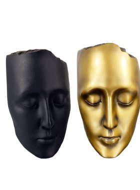 家居现代极简样板房间客厅玄关人脸人像黑色金色面具雕.塑摆件装
