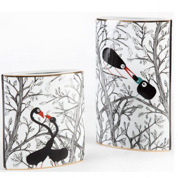 黑色陶瓷情侣鸟千枝绰约扁形花瓶插花摆件欧式客厅可爱创意装饰品