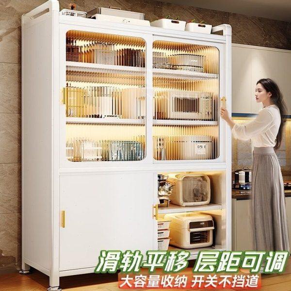 特厚大容量推拉柜门厨房置物架落地多层密封微波炉电器锅具收纳柜,厨房/烹饪用具,微波炉置物架,淘宝优惠券,粉丝福利购,淘宝优惠卷