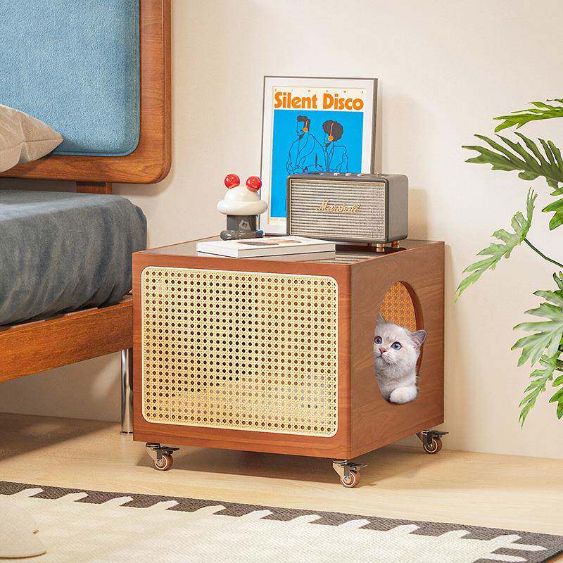 猫窝茶几人宠共用松木家具猫窝狗窝实木藤编卧室落地边几床头柜