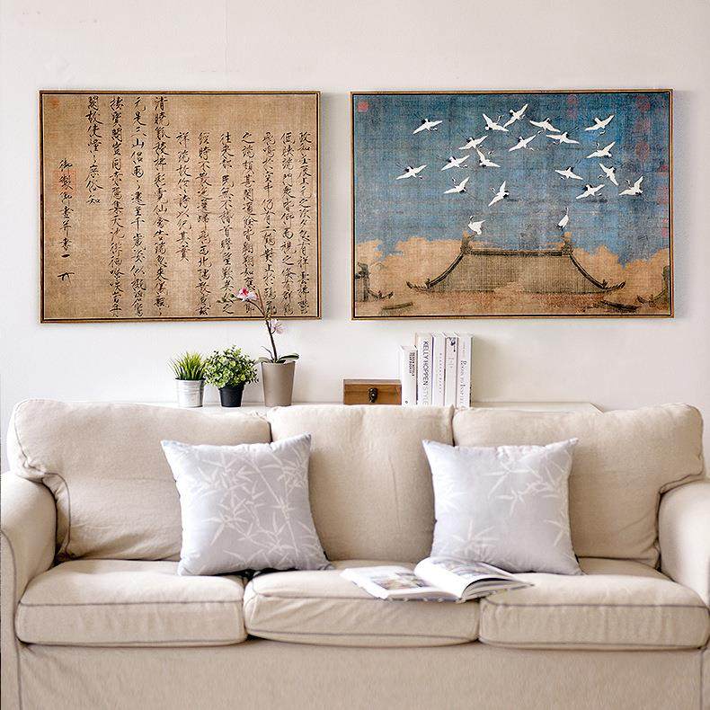 果贝 赵佶瑞鹤图新中式沙发背景墙客厅装饰画书房卧室床头壁画