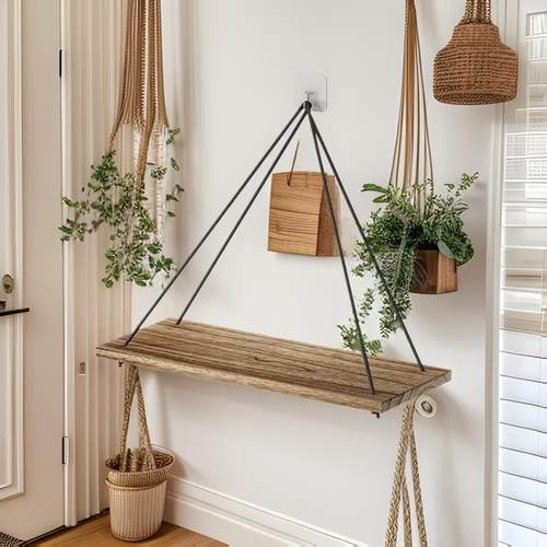 装饰吊绳置物架花盆收纳架北欧壁挂木板悬挂吊饰摆件免打孔免钉