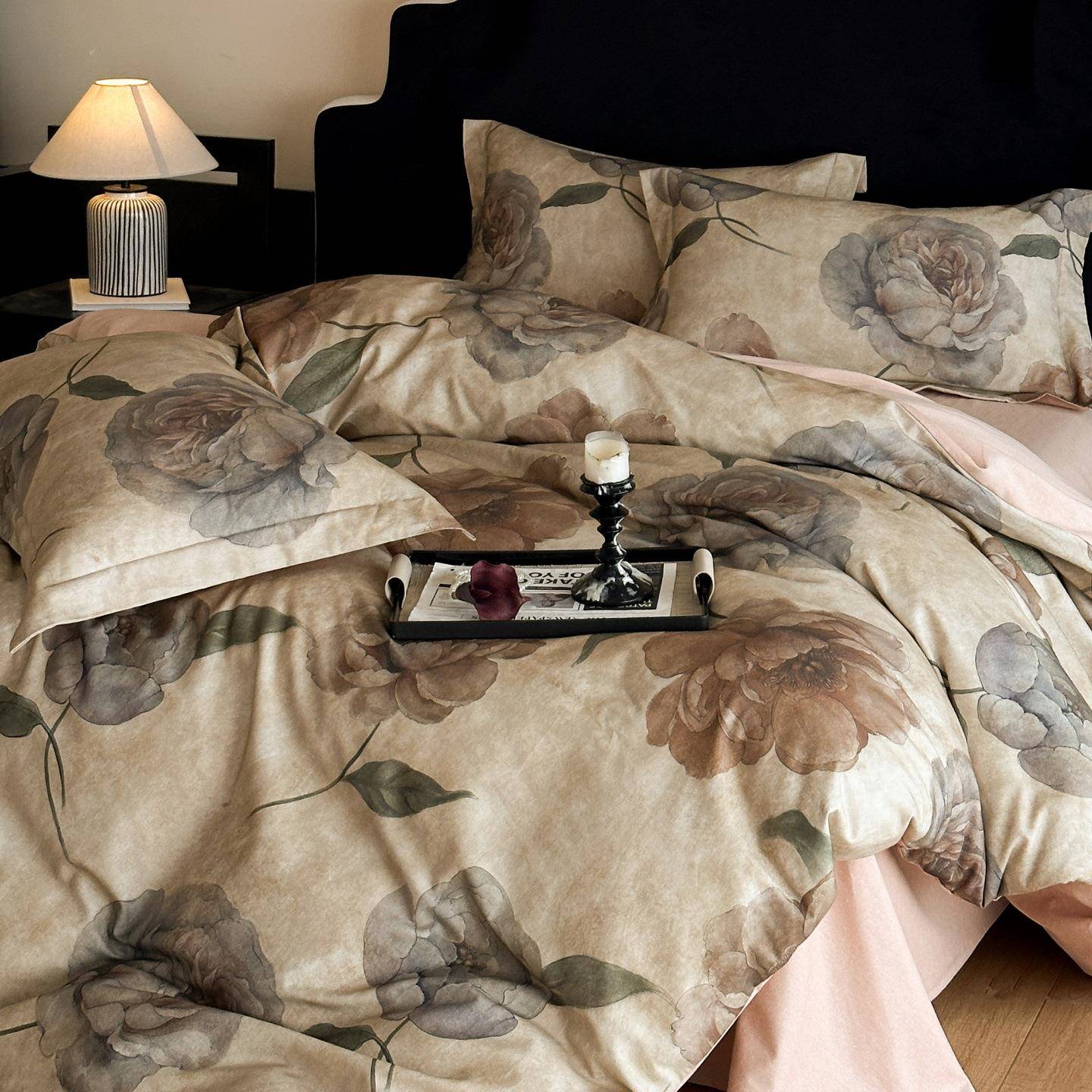 A类轻奢全棉磨毛四件套美拉德简约花卉纯棉床单被套床笠款三件套