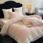 A类轻奢少女粉花卉刺绣雪貂绒四件套保暖加厚被套床单亲肤防静电