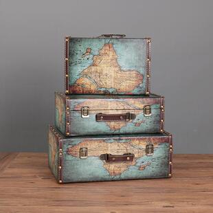 欧收式复古怀旧手提箱纳箱储木箱子道老式旅物行3805具皮箱子实木