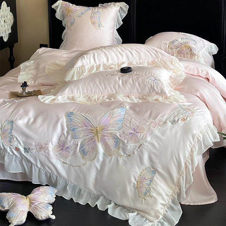 春夏少女100S全棉四件套蝴蝶刺绣雪纺丝滑天丝被套床上用品1.8