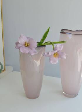 式简约清新2431中温柔粉色不新规则黑边玻璃花瓶插大口径花器家居