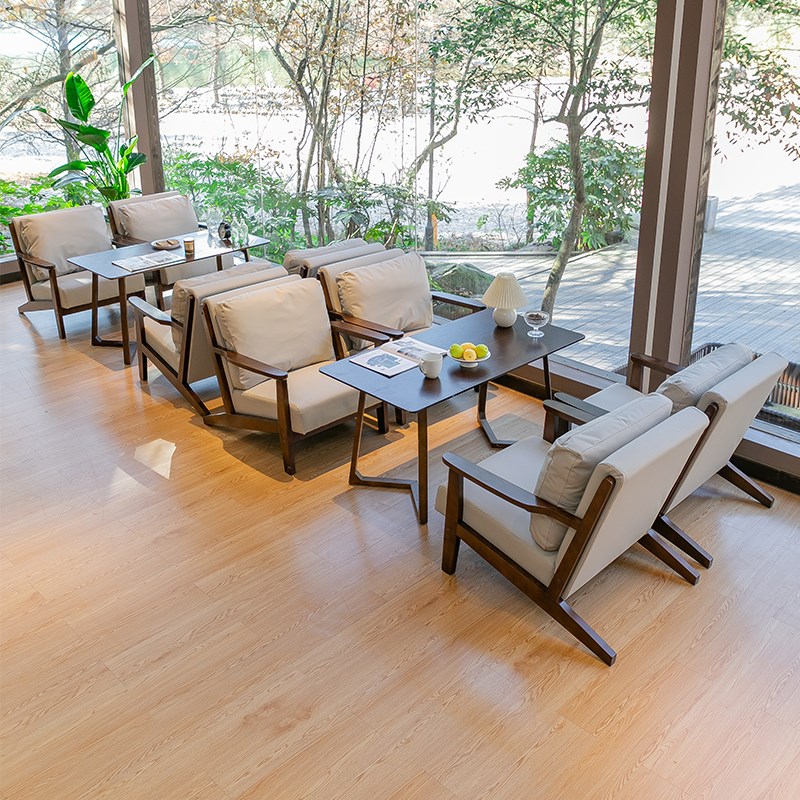 实木沙发咖啡厅桌椅组合奶茶店洽谈接待休息区商R用民宿卡座沙发