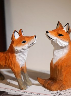 赤狐手工木雕小摆件可爱动物狐狸办公室内桌面摆放V装饰工艺品礼