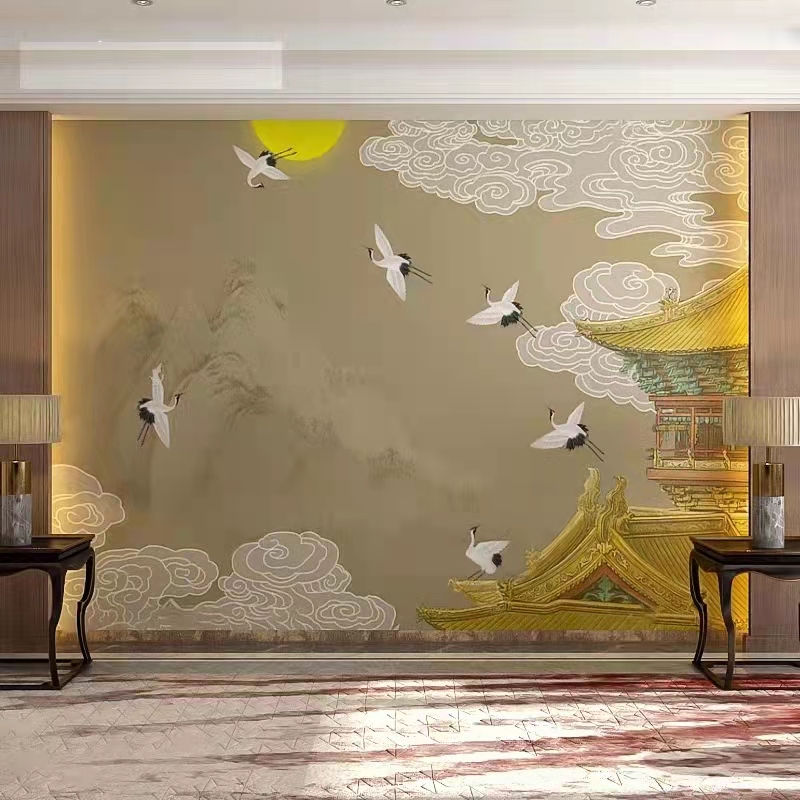 中式古典阁楼电视背景墙纸国潮壁纸客厅民宿饭店禅意X仙鹤祥云墙