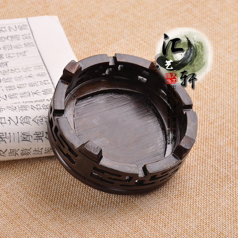 实木鸡翅木黑檀紫砂茶壶微盆景香炉花瓶玉石摆R件回纹木托圆形底