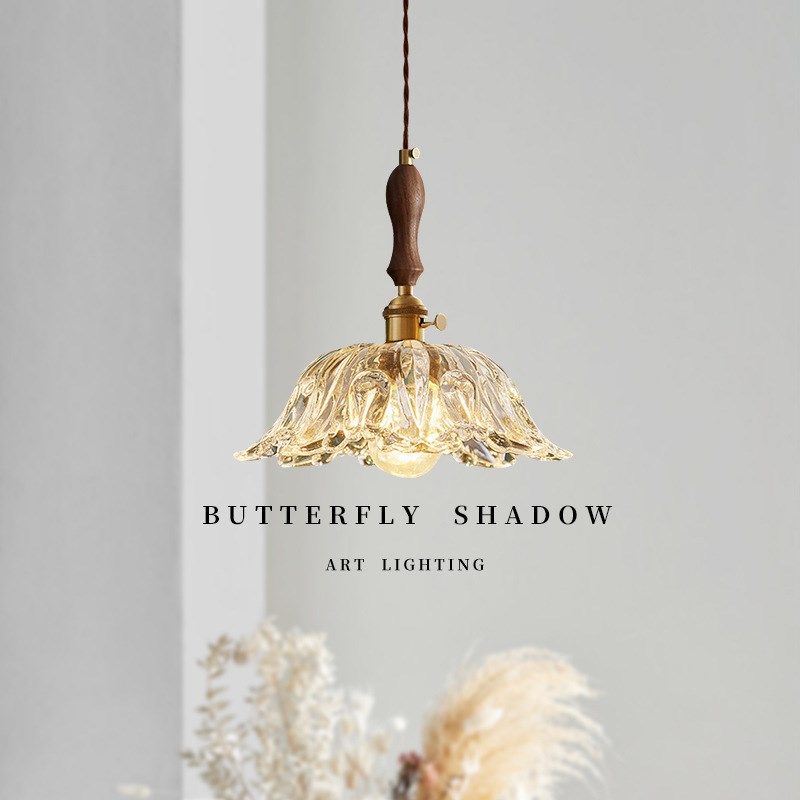 复古风法式黄铜小l吊灯胡桃木餐厅吧台民宿床头透明玻璃花朵吊灯