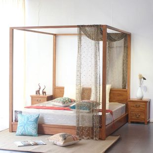 新中式实木大床简约现代老榆木架子床复古四柱床卧室双人床帷幔床