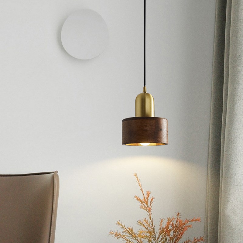 卧室床头吊灯创意复古实木餐厅灯黄铜G胡桃木民宿吧台长线小吊灯