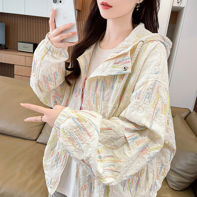 港风彩色条纹连帽外套女春秋季学院风宽松高级感好看百搭夹克上衣