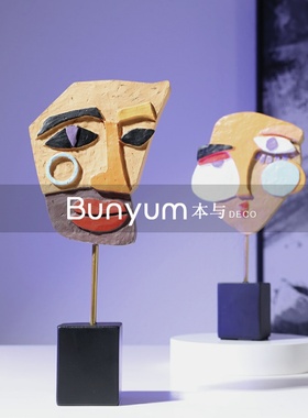 简约创意抽象彩绘人物面具摆件A雕塑艺术品样板间电视柜客厅软装