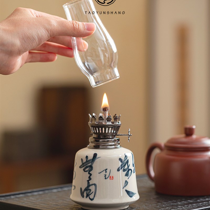 陶瓷酥油灯摆件覆古煤油灯防风书C房茶室小夜灯家居摆件氛围灯盏
