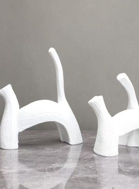 新中式创c意白色树脂条纹艺术猫样板房家居书房客厅桌面玄关饰品