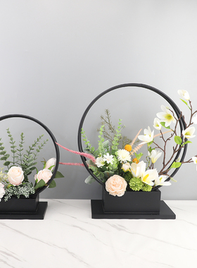 北欧创意双圆形提篮铁艺金属花架摆件餐厅客厅Q电视柜桌面家居饰