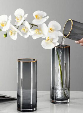 现代简约风灰色描金直筒玻璃花瓶客厅插花软装饰摆件水培花器