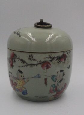 清雍正粉彩人物婴戏图茶叶盖罐 古董瓷器 古玩收藏品书房摆件仿古