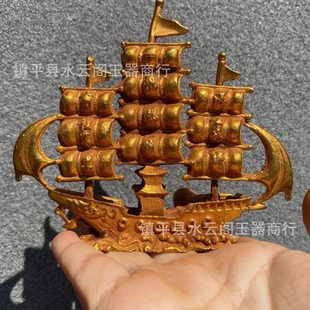 掌舵人帆船摆件船 一帆风顺龙船工艺品把玩帆船家居鎏金摆件