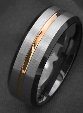 简约时尚双色凹槽拉丝磨砂戒指潮C男情侣款个性轻奢单身食尾戒指