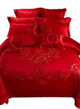 A6L140s支婚庆四件套刺绣婚房床上用品大红色喜被子结婚六十