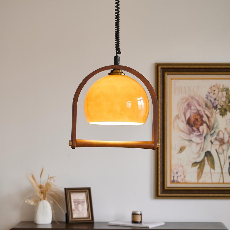 侘寂风实木玻璃吊灯可伸缩餐厅吧台灯中古日式复古餐桌饭厅岛台灯