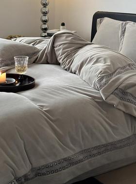 冬季加厚宝宝绒1.2m四件套轻奢风纯色镂空边保暖被套床品紫白灰色