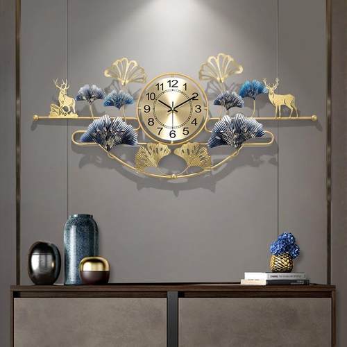 新中式客厅时尚家用创意钟表轻奢时钟墙面银杏叶装饰挂钟大气挂表