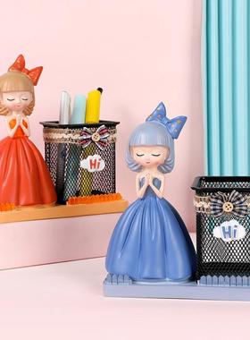 新款许愿小女孩笔筒树脂摆件少女心化妆收纳桶学生桌面多用途礼品