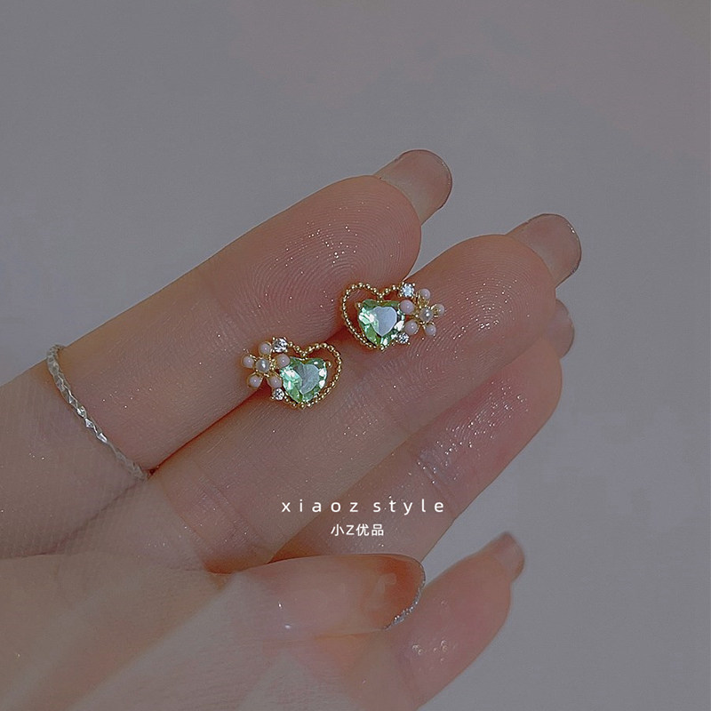 夏季清新绿锆石爱心耳针小花202B3新款爆款时尚小巧日常百搭耳饰