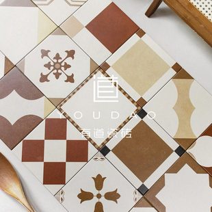 中古风焦糖色花砖厨房卫生间阳台墙地砖餐厅走廊防滑瓷砖200*200